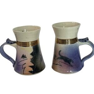 Vintage Art Pottery Ceramic Tea Coffee Set of 2 Mugs Aztec Native American